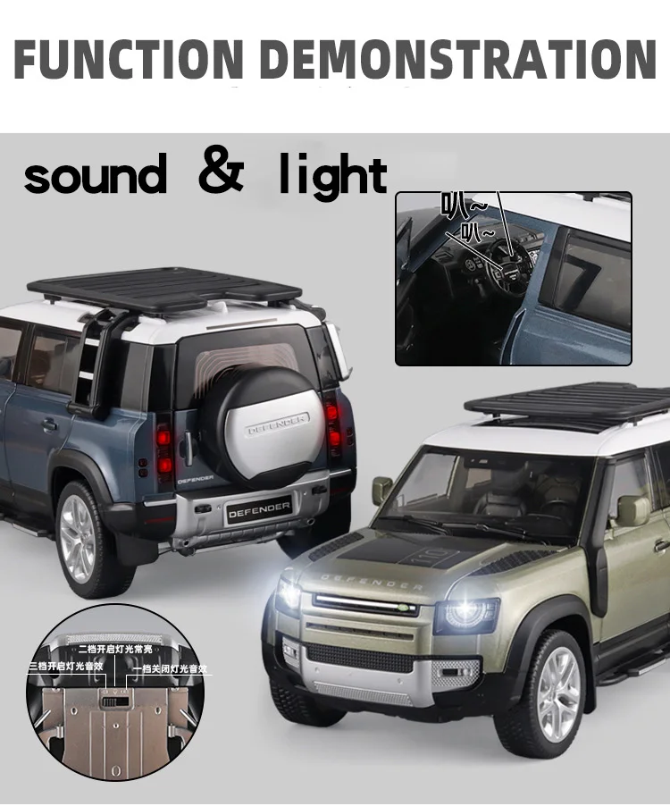 Large 1:18 Land Rover Defender SUV Off-road Alloy Model Car Diecast Toy Car Collection Simulation Sound Light Children Day Gifts