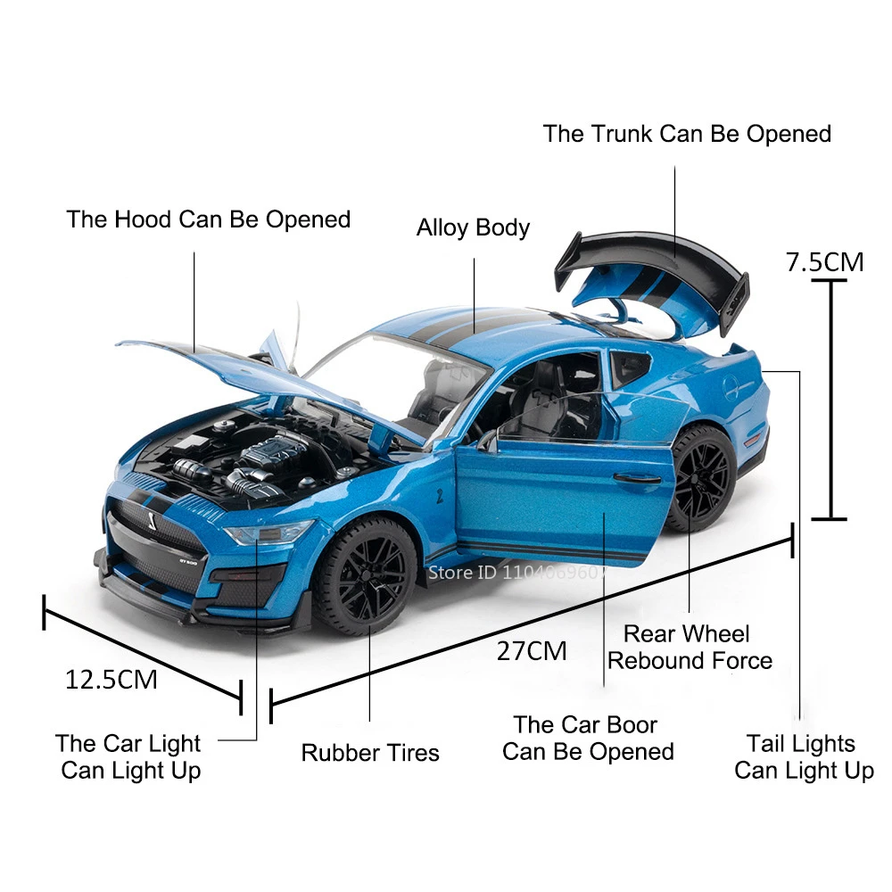 1:18 Scale Mustang GT500 Sport Car Model Toy Alloy Diecast Doors Opened Vehicle Models Ornaments Light Sound Boys Birthday Gifts