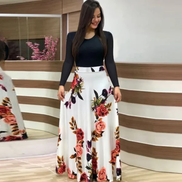 Chic Floral Maxi Dress - Casual Fit & Flare with High-Waist Design, Long Sleeves, and Easy Care Knit for Women