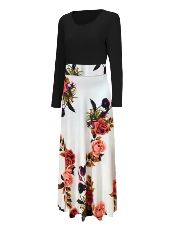 Chic Floral Maxi Dress - Casual Fit & Flare with High-Waist Design, Long Sleeves, and Easy Care Knit for Women - Image 2