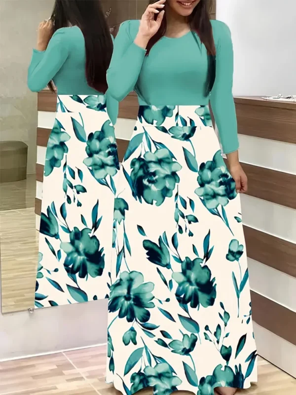 Chic Floral Maxi Dress - Casual Fit & Flare with High-Waist Design, Long Sleeves, and Easy Care Knit for Women - Image 3